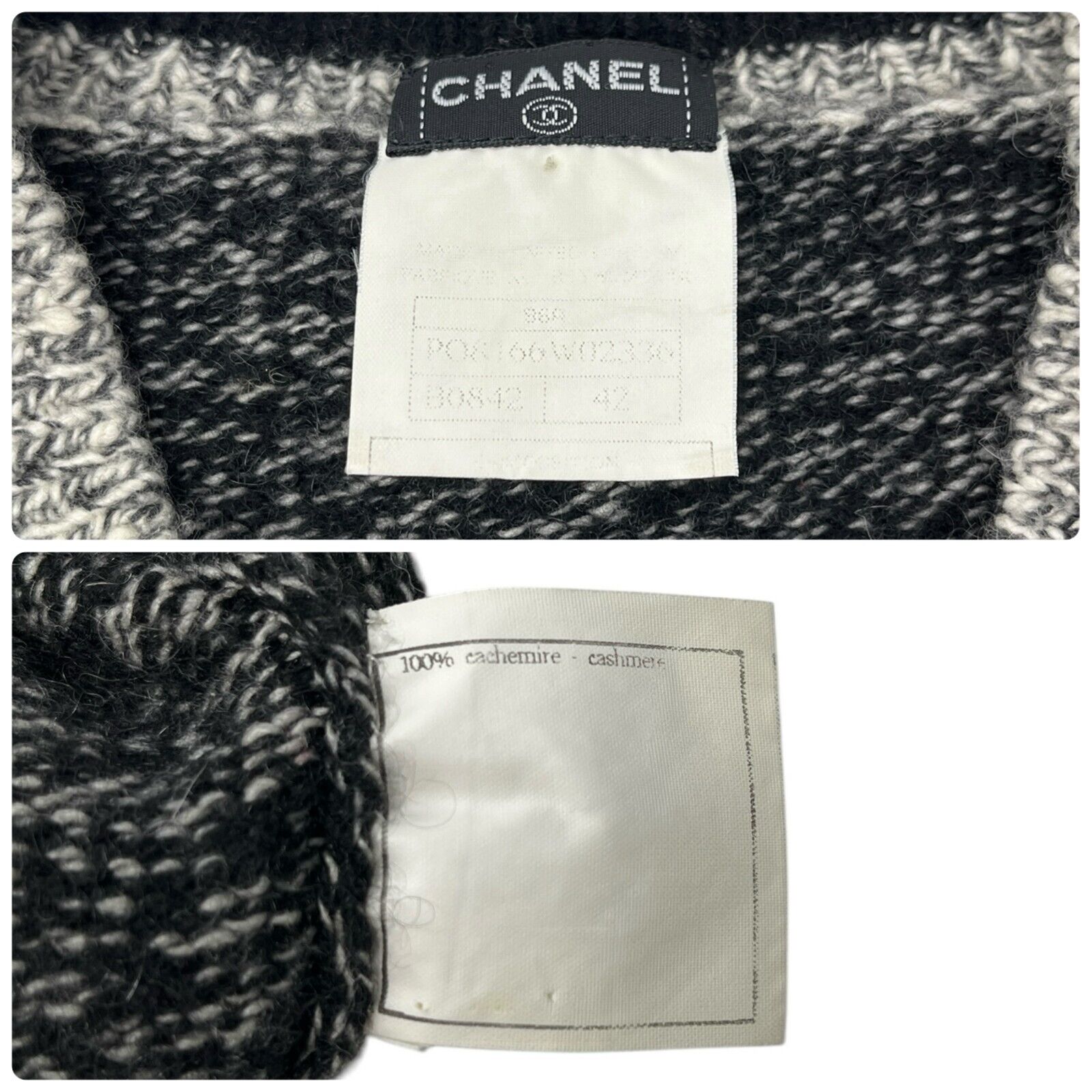 CHANEL Vintage 96A CC Mark Logo Long Sleeve Sweater #42 Gray Black Cashmere