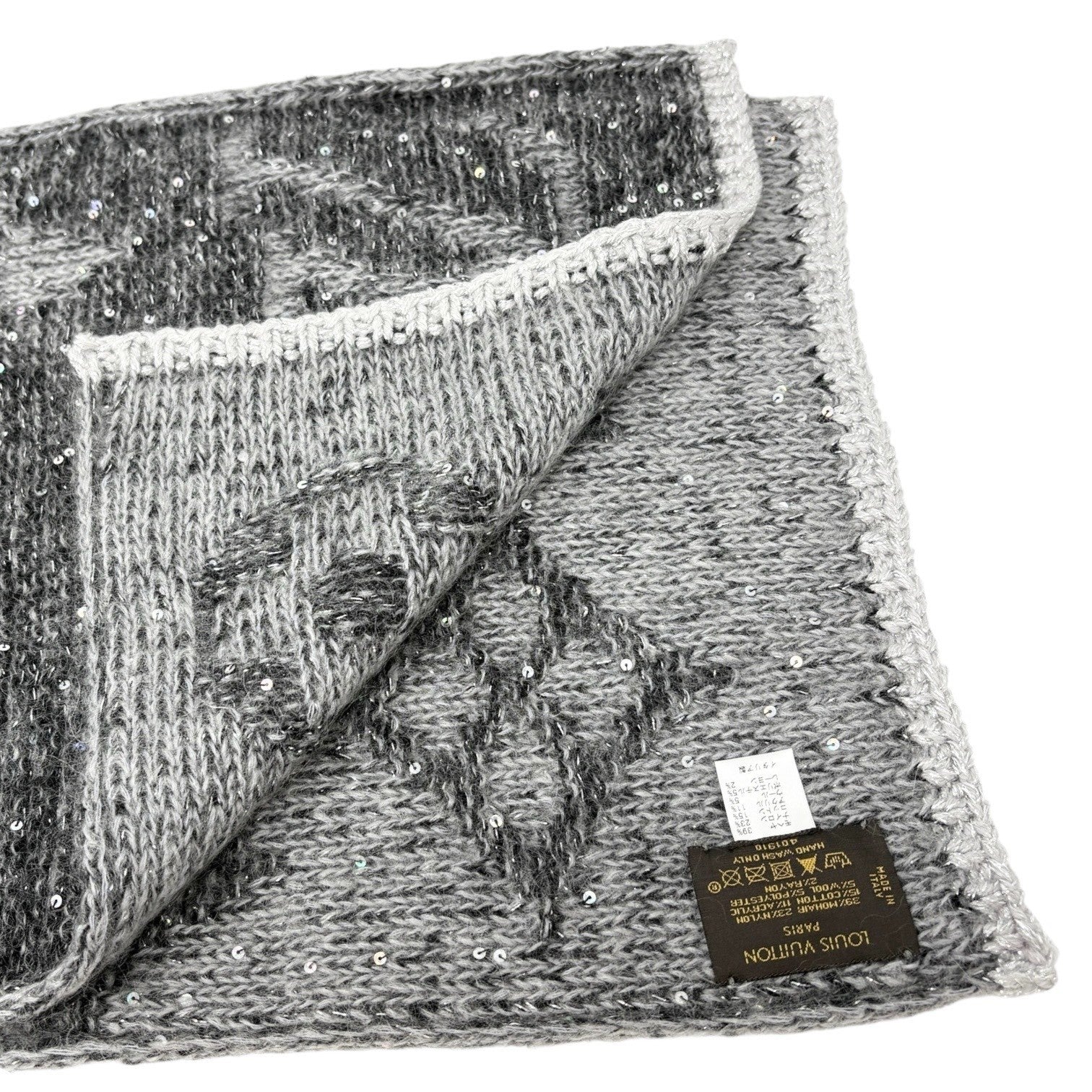 LOUIS VUITTON Vintage Monogram Logo Knit Sequins Scarf Muffler Wrap Gray Mohair