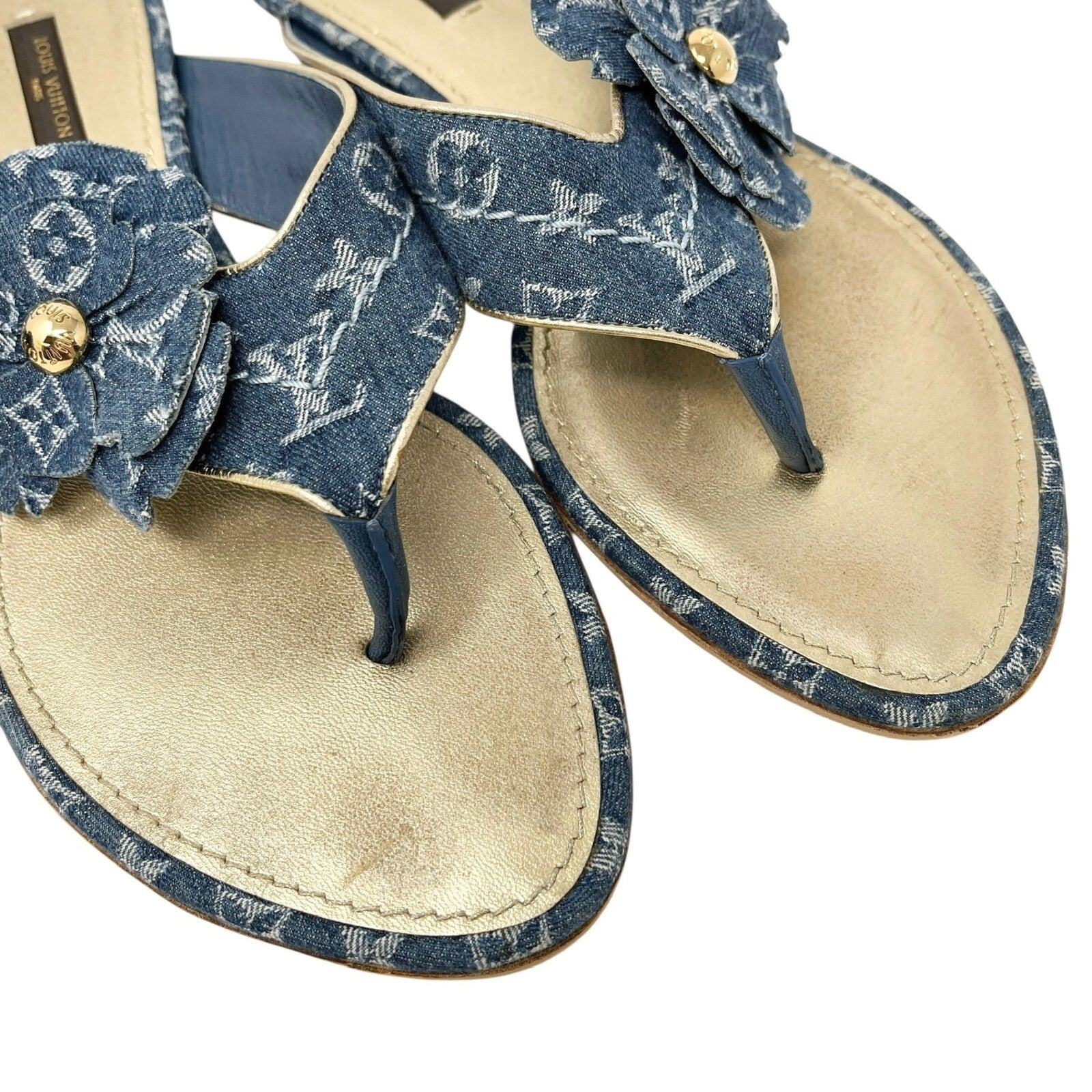 LOUIS VUITTON Vintage LV Monogram Denim Sandals #38 Flower Blue Gold Leather