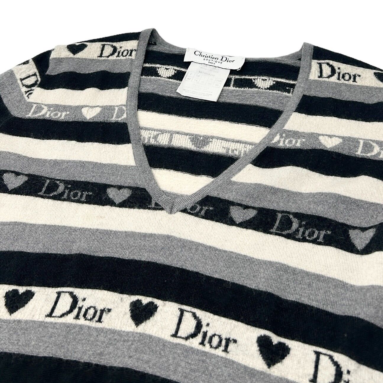 Christian Dior Vintage Logo Knit Top #42 Gray Black Heart Wool Stripe