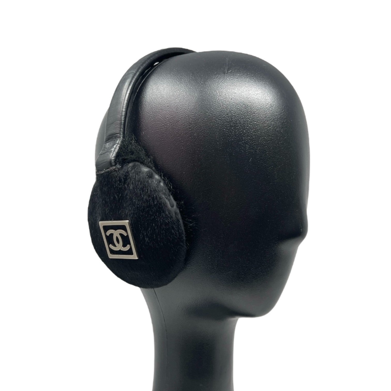 CHANEL Sport Vintage CC Mark Logo Earmuffs Black Silver Pony Calf Hair Leather