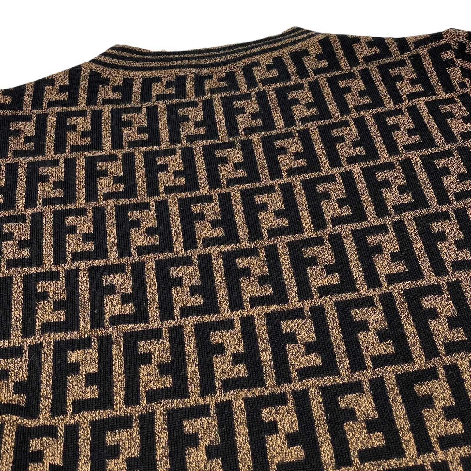 FENDI Vintage Zucca Monogram Logo Knit Sweater Top #38 Brown Black Wool Rank AB+