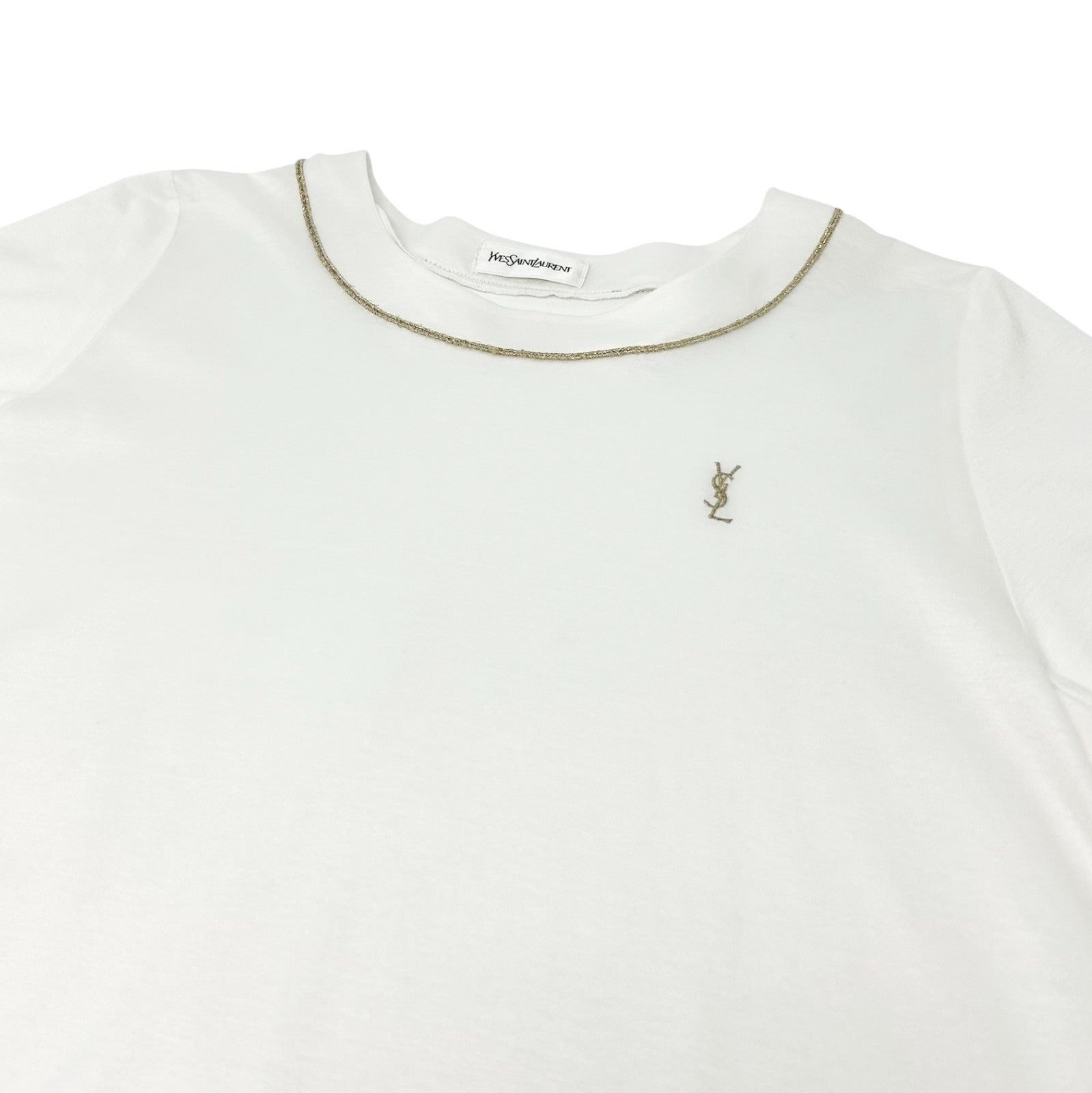 Yves Saint Laurent Vintage YSL Logo T-shirt Top #M White Gold Cotton Glitter