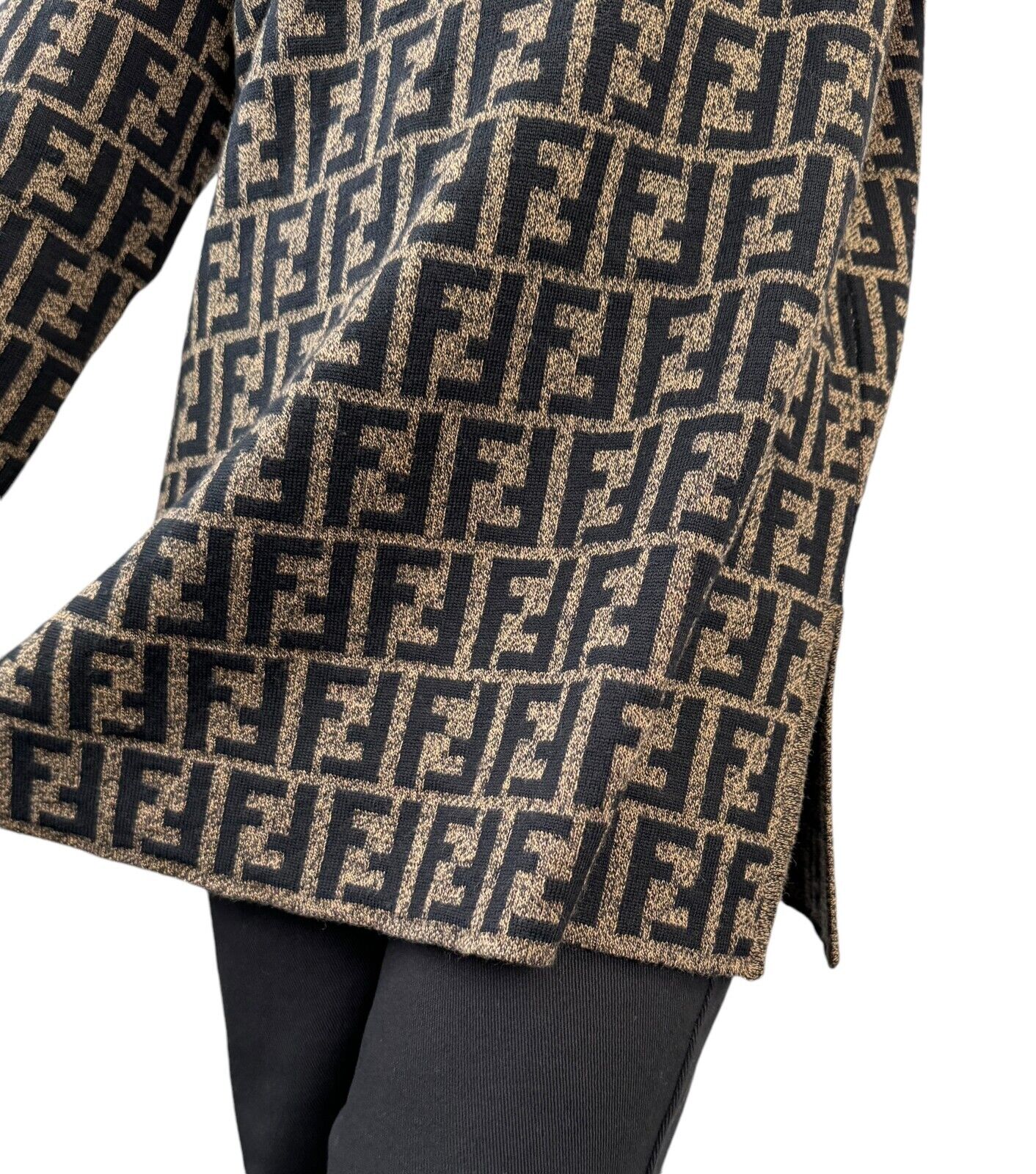 FENDI Vintage Zucca Monogram Logo Knit Sweater Top #38 Brown Black Wool Rank AB+