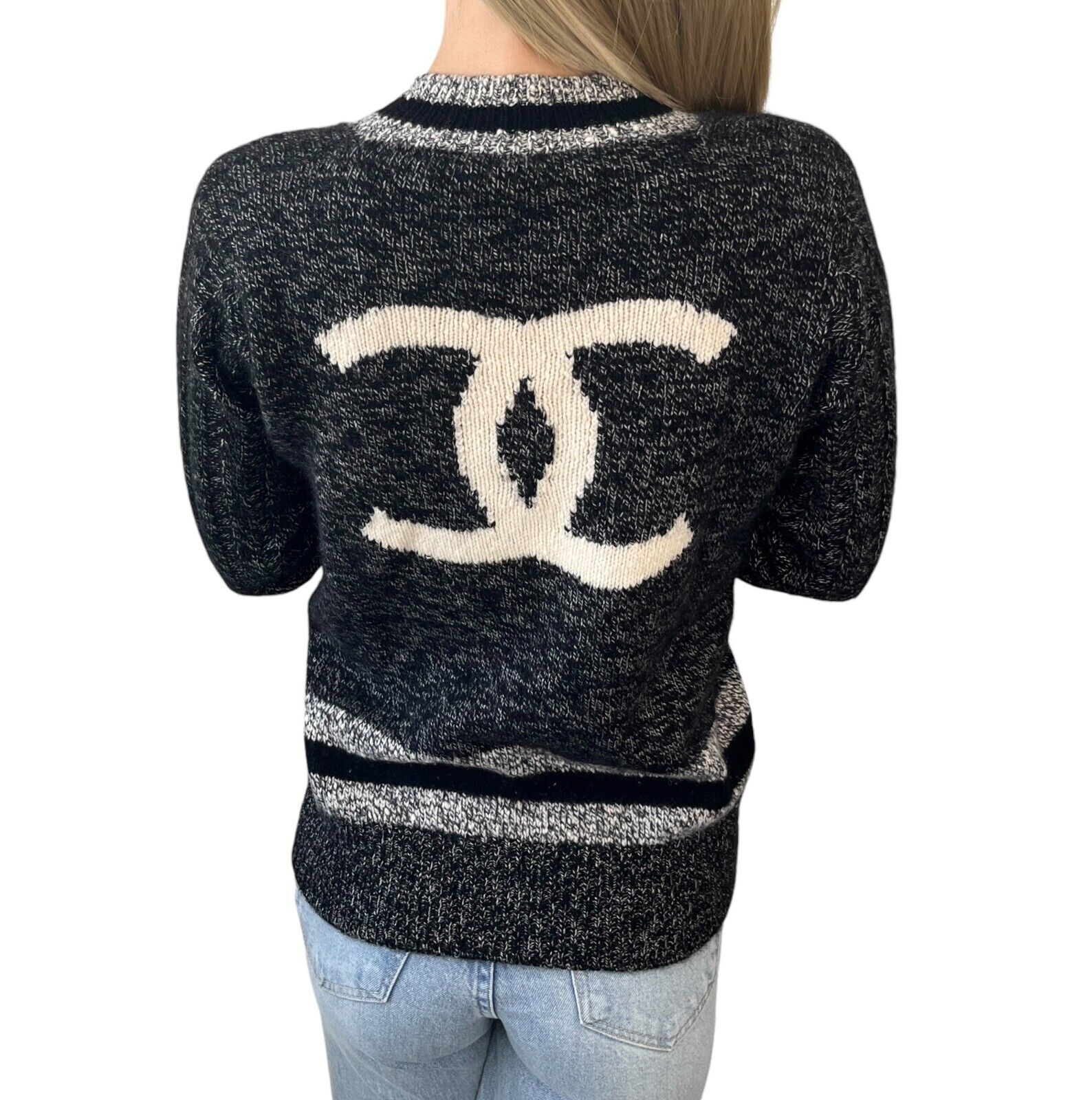 CHANEL Vintage 96A CC Mark Logo Long Sleeve Sweater #42 Gray Black Cashmere