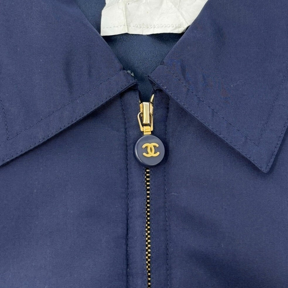 CHANEL Vintage PO5667 CC Logo Long Coat Jacket #38 Zip Pocket Belt Dark Blue