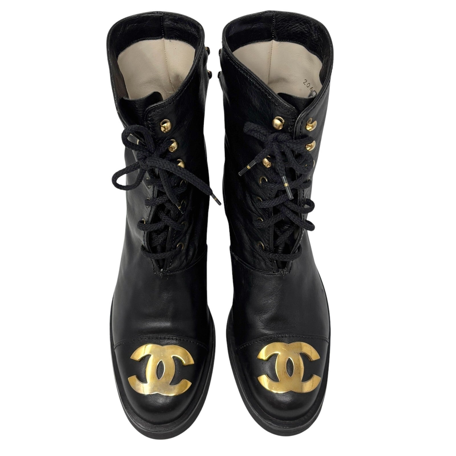 CHANEL Vintage CC Logo Lace-up Ankle Boots #36.5 Short Boots Black Gold Leather