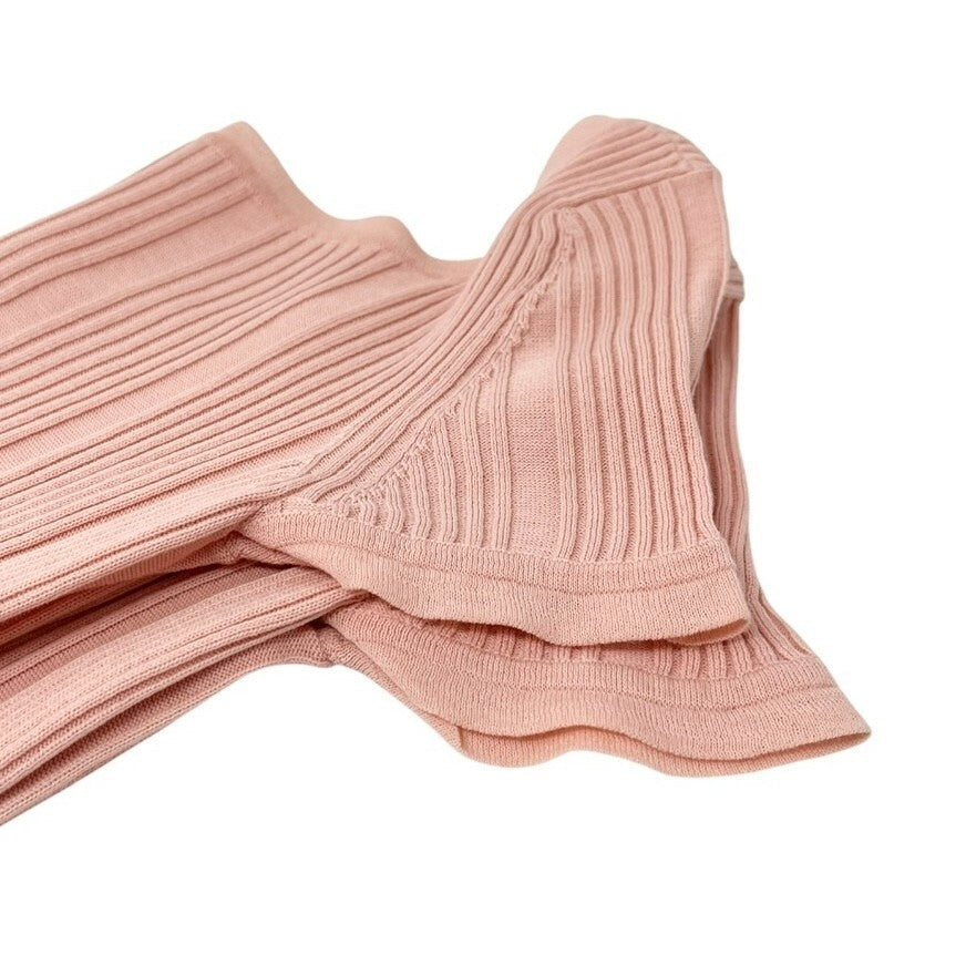 CHANEL Vintage 07P CC Mark Logo Rib Knit Top #S Pink Gold Cotton Button