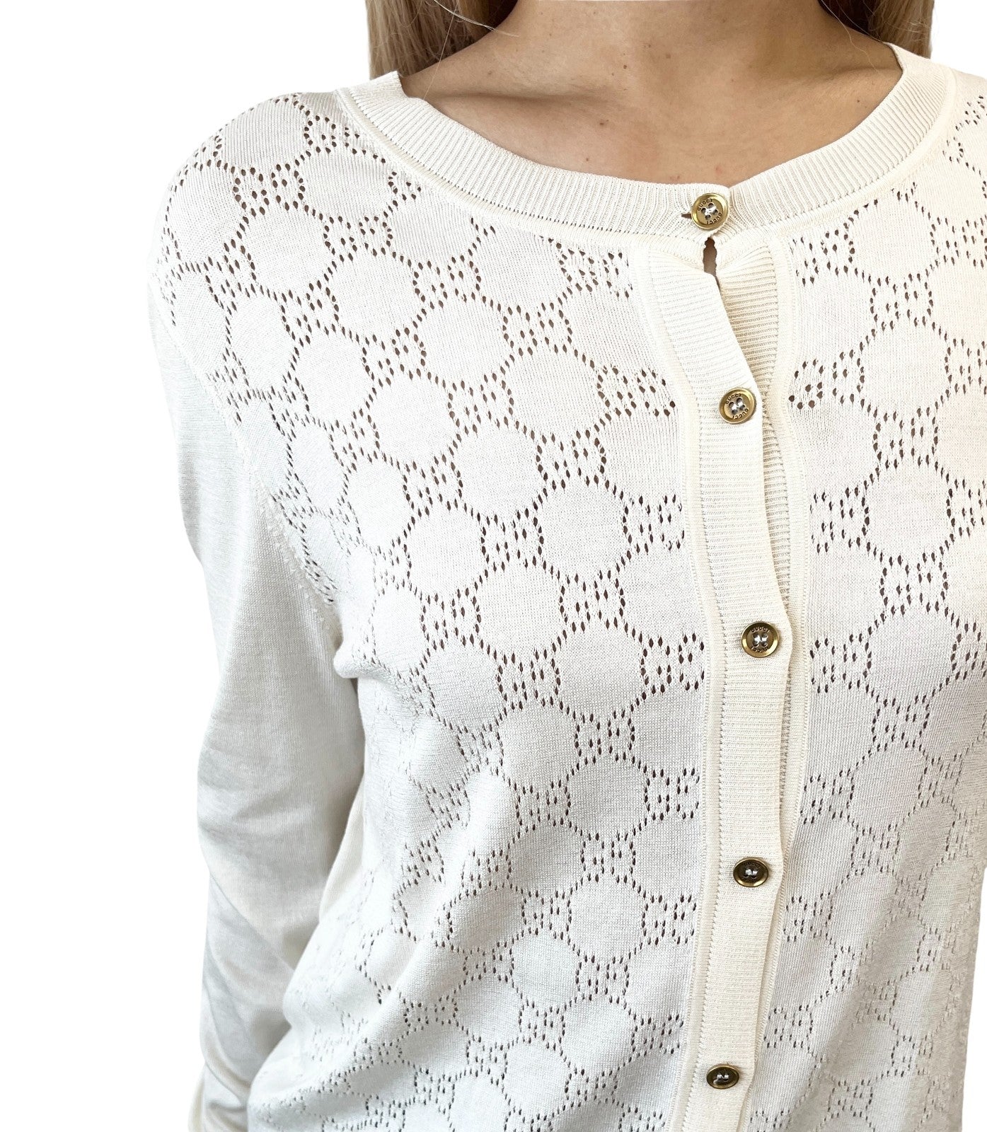 GUCCI Vintage Cardigan Sweater Top #L Punching Cream Gold Silk Cotton Nylon