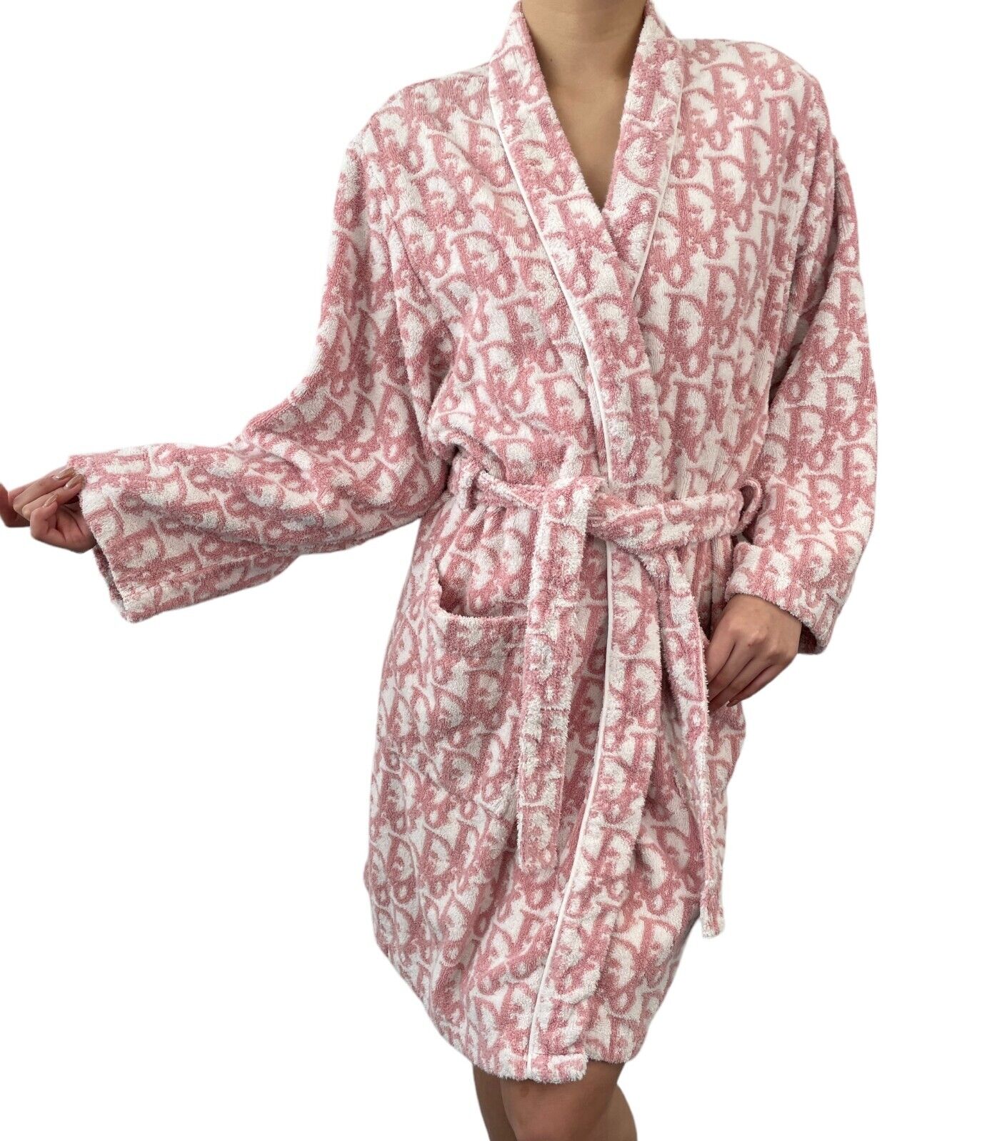 Dior Vintage Trotter Monogram Bath Robe Terry Cloth Pink White Cotton