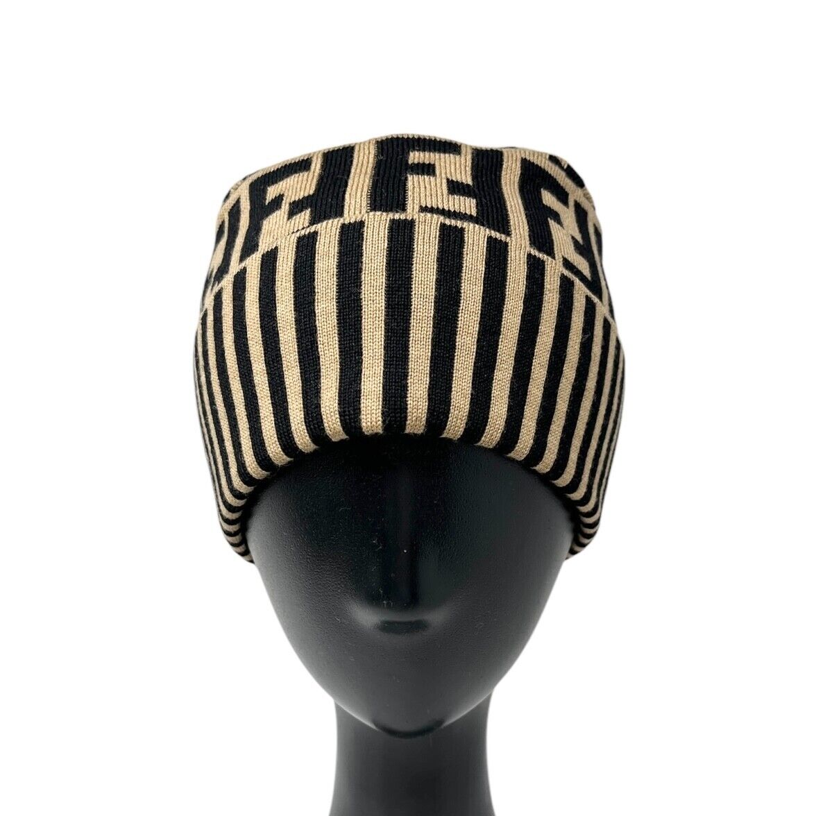 FENDI Vintage Zucca Monogram Knit Beanie #42 Cap Stripe Beige Black Wool