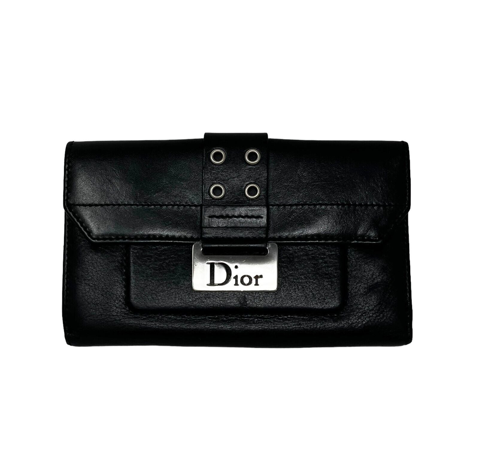 Christian Dior Vintage Logo Street Chic Wallet Purse Black Leather