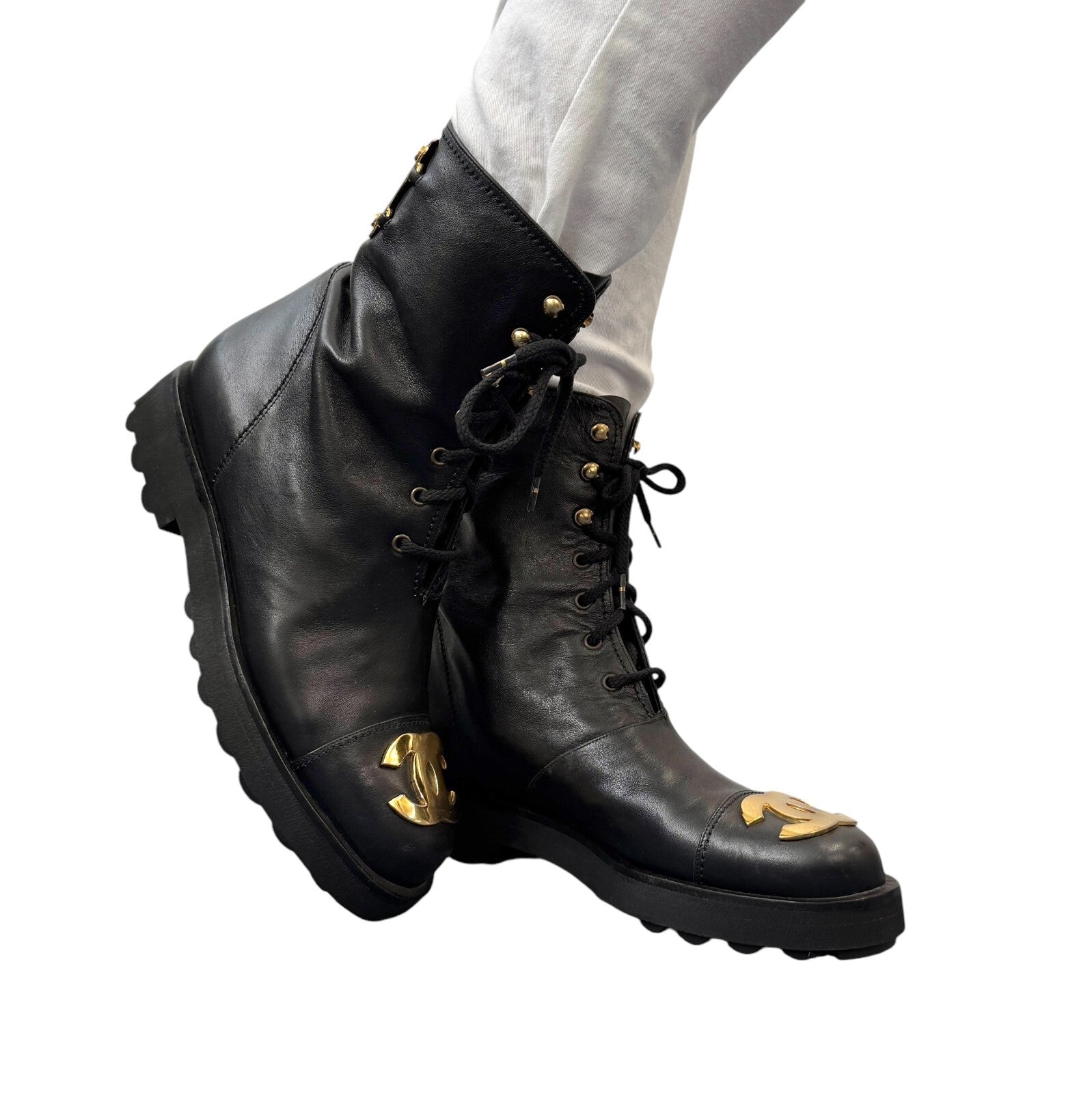 CHANEL Vintage CC Logo Lace-up Ankle Boots #36.5 Short Boots Black Gold Leather