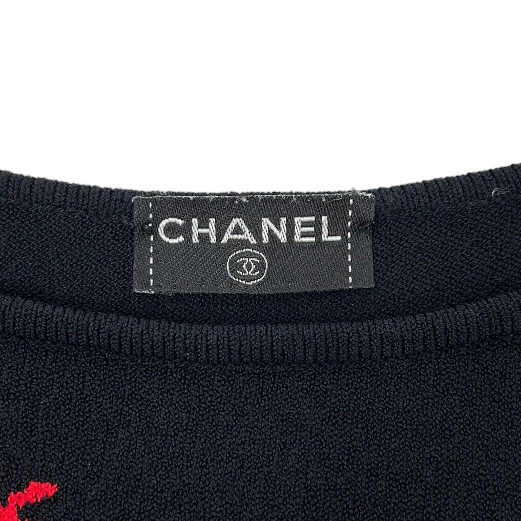 CHANEL Vintage 04P CC Mark Logo Ladybugs Knit Tank Top Black Red Cotton