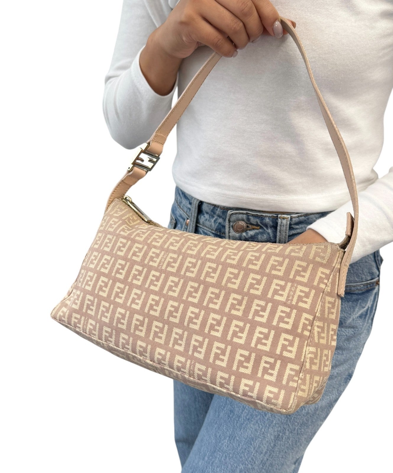 FENDI Vintage Logo Zucchino Monogram Shoulder Bag Pochette Beige Pink Cotton