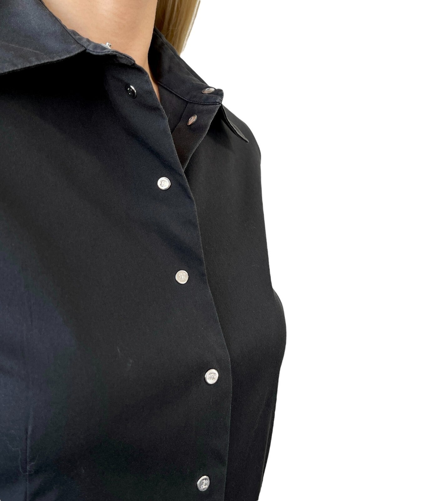 CELINE Vintage Macadam Logo Black Shirt #38 Blouse Top Black Silver Cotton
