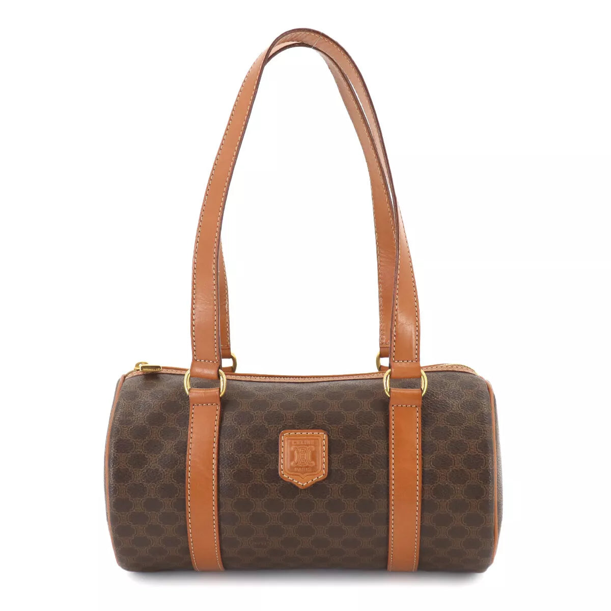 CELINE Macadam Mini Boston Hand Bag PVC Leather Brown Purse 