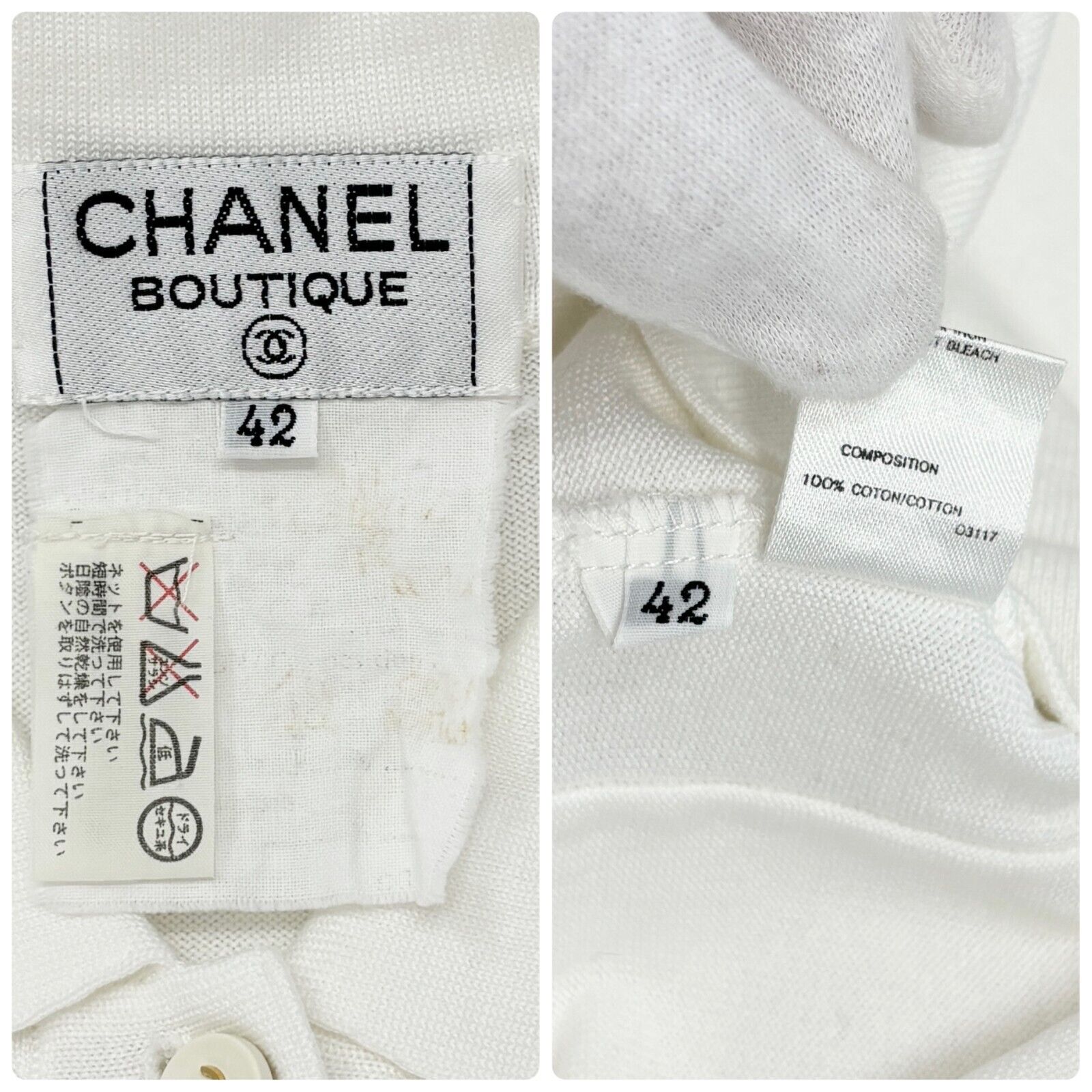 CHANEL Vintage 94P CC Logo Collared Top #42 White Gold Button Cotton