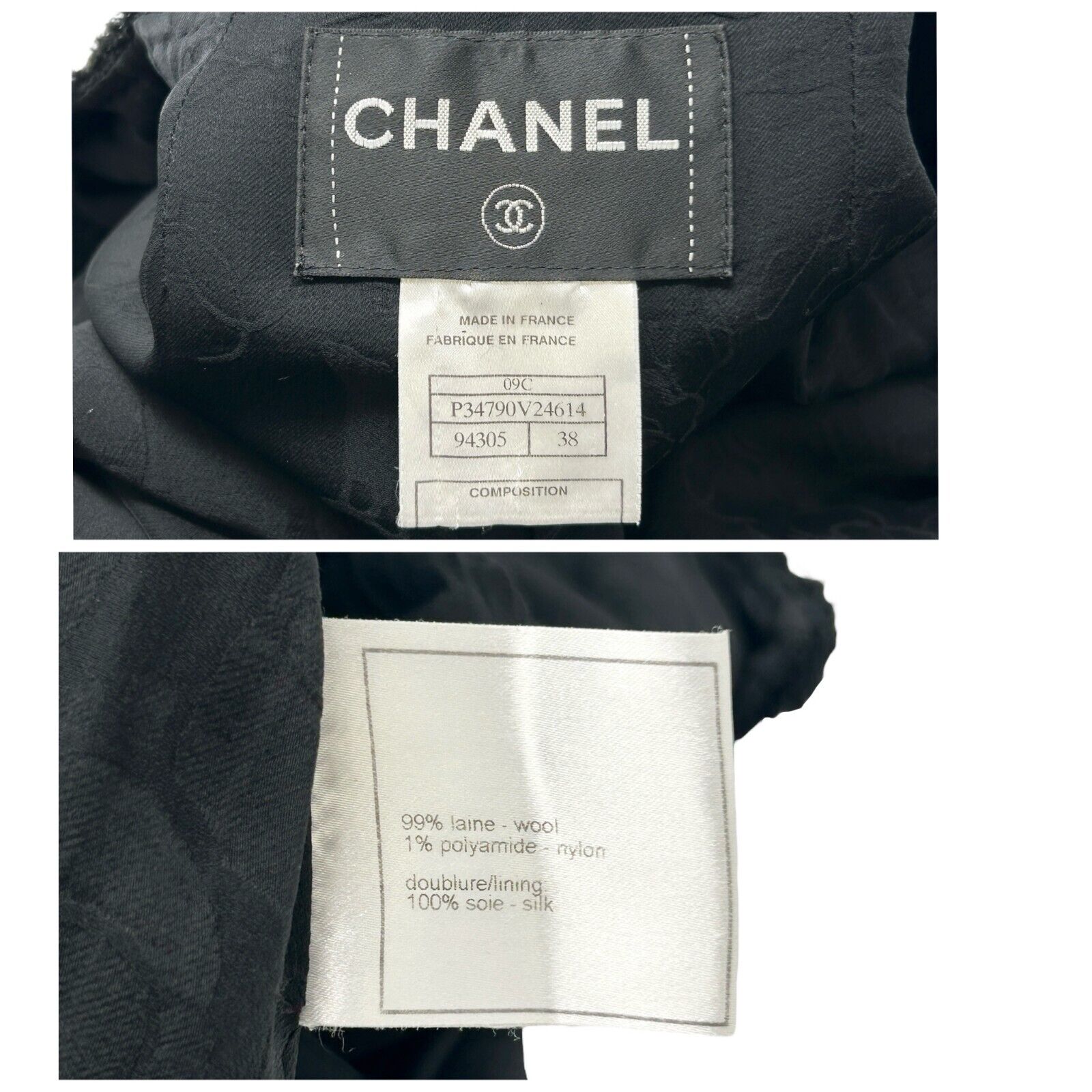 CHANEL Vintage 09C CC Mark Logo Jacket #38 Black Silver Wool Heart Glitter