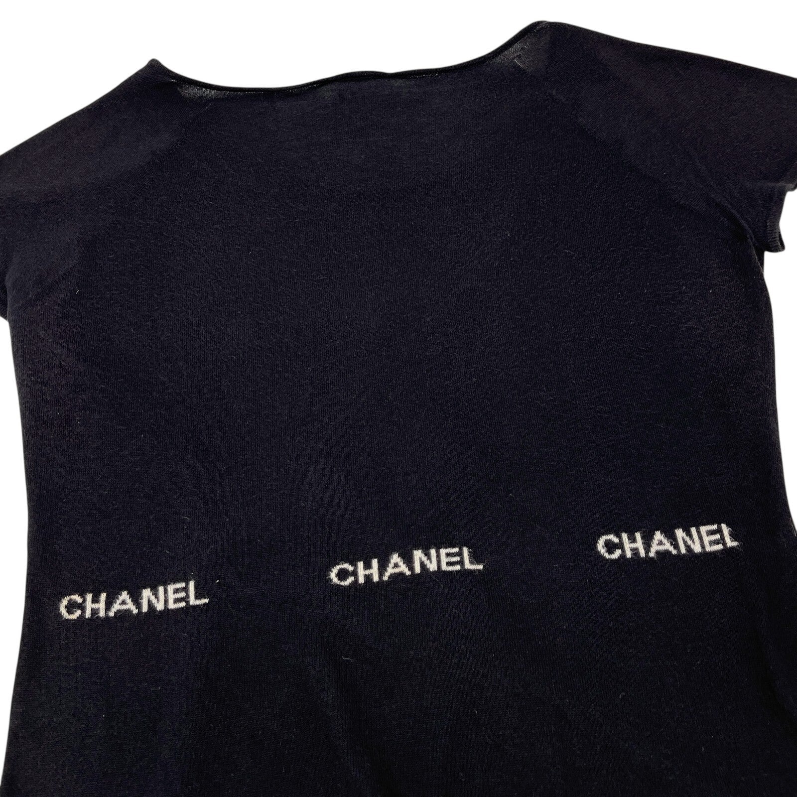 CHANEL Vintage 04P Logo Knit T-shirt Top #40 Round Neck Black White Cotton