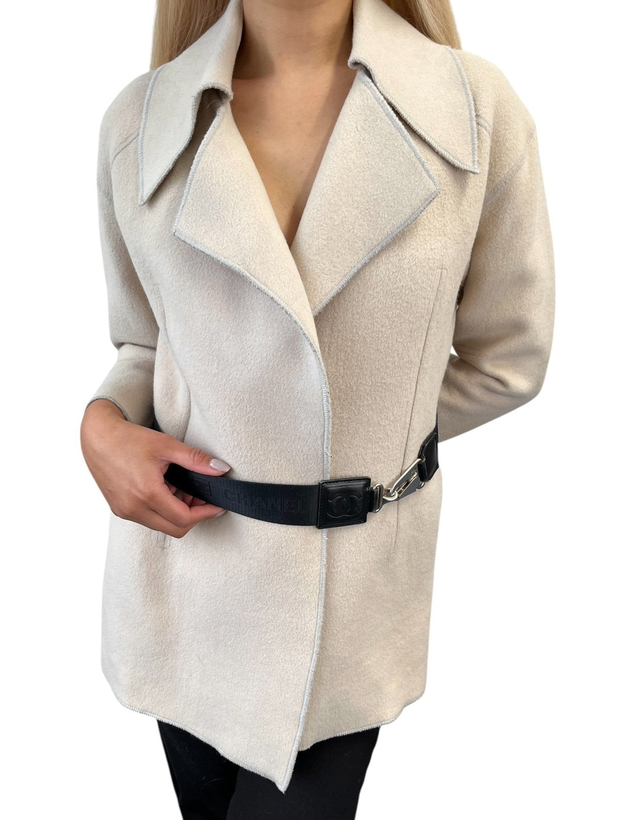 CHANEL Sport Vintage CC Mark Logo Open Front Jacket Belt Beige Black Wool