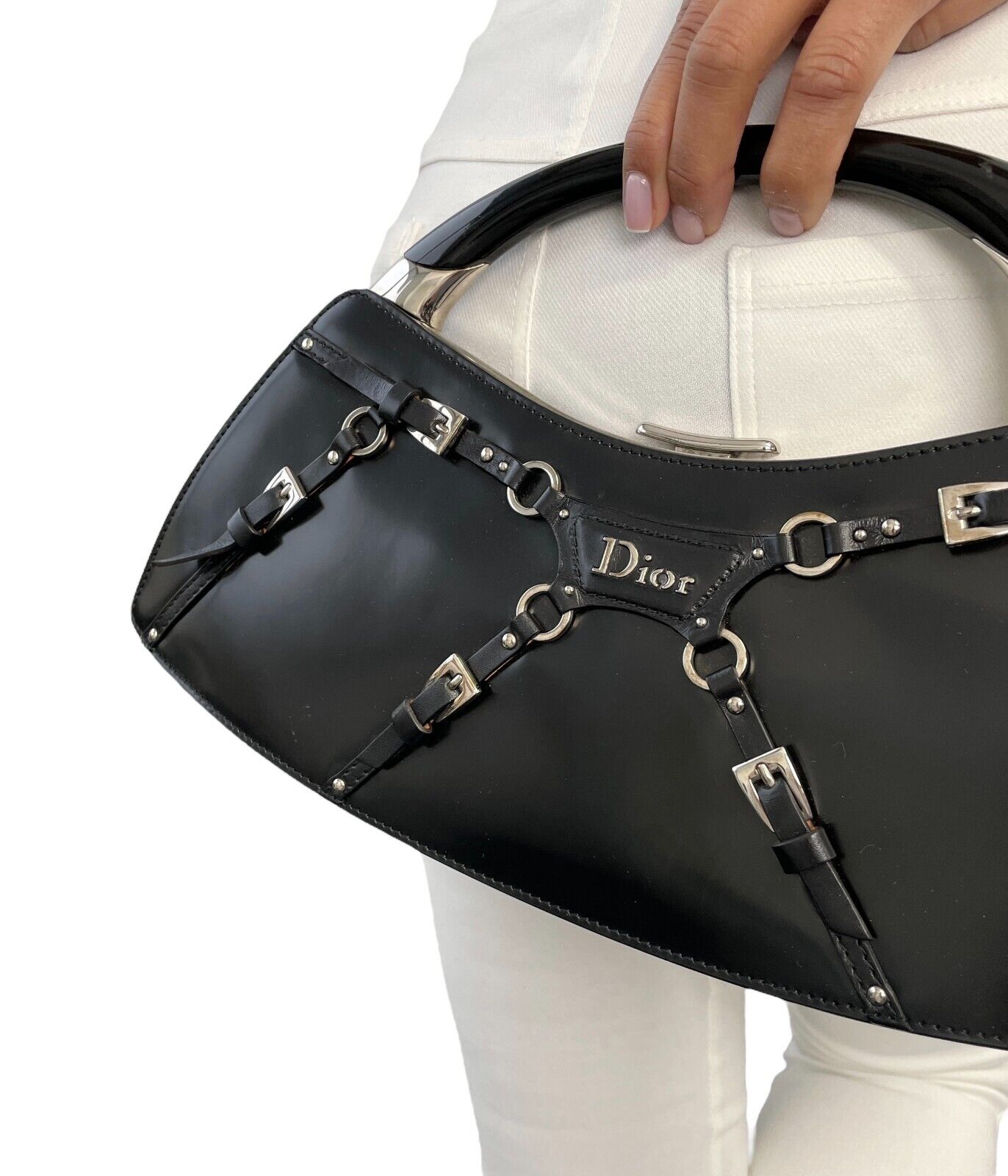 Christian Dior Vintage Logo Bondage Top Handle Bag Black Silver Leather