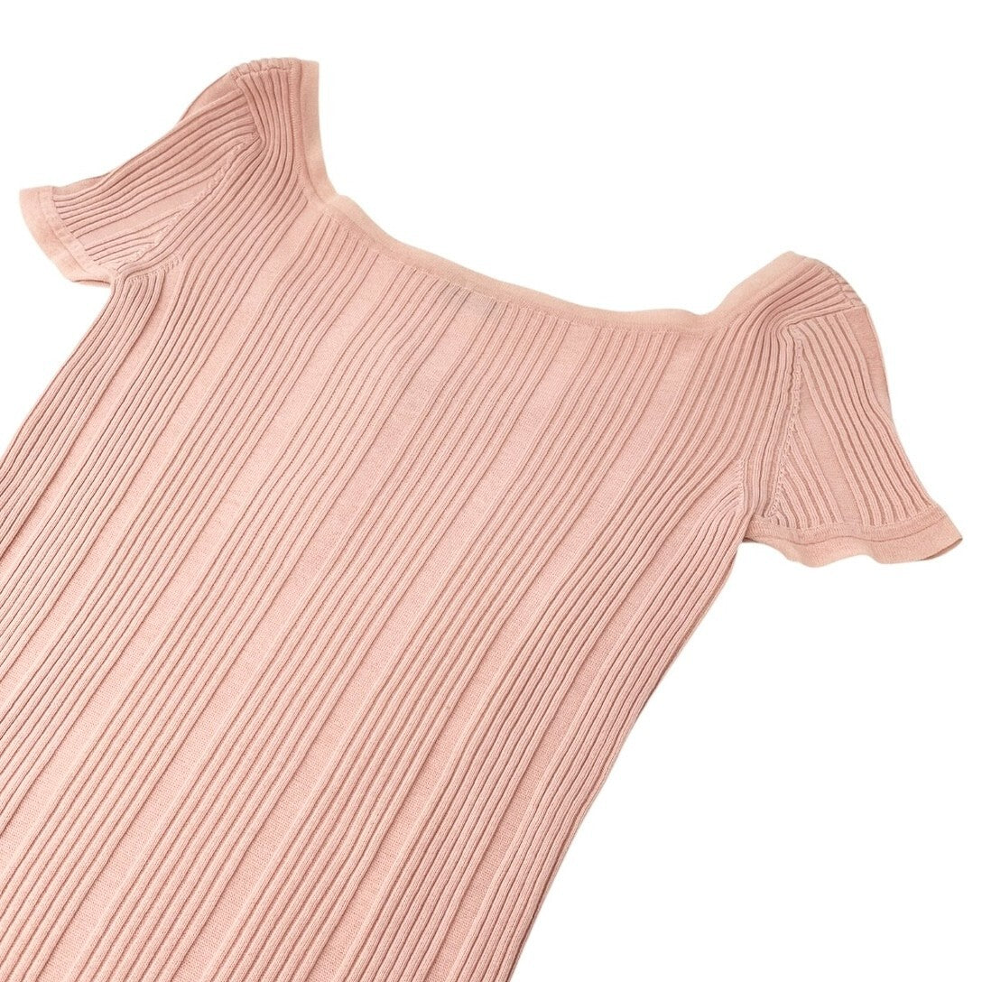 CHANEL Vintage 07P CC Mark Logo Rib Knit Top #S Pink Gold Cotton Button