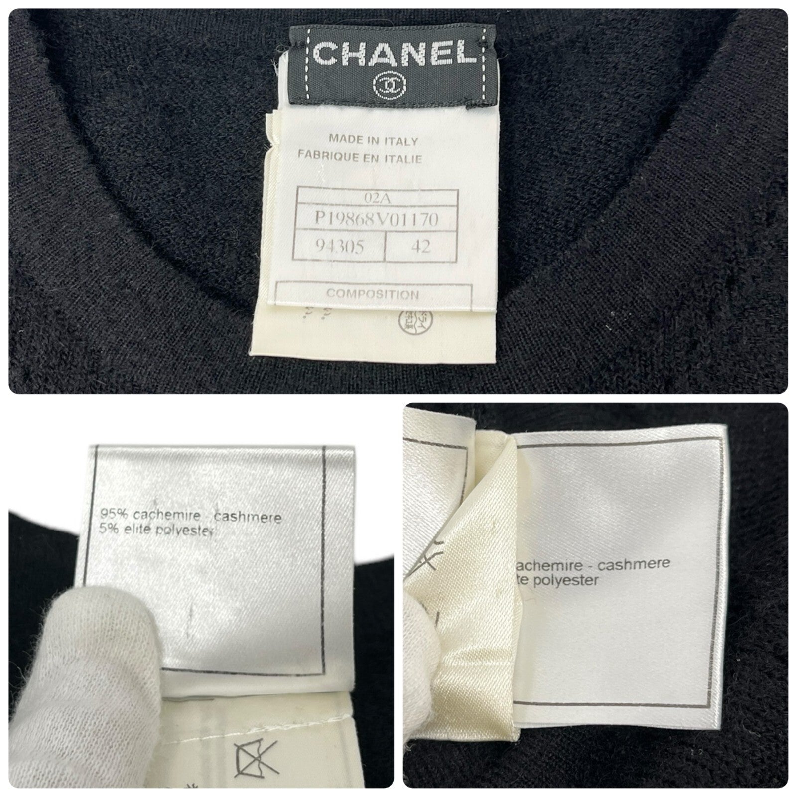 CHANEL Vintage 02A CC Mark Logo Sweater Knit Top #42 Black Cashmere Long Sleeve