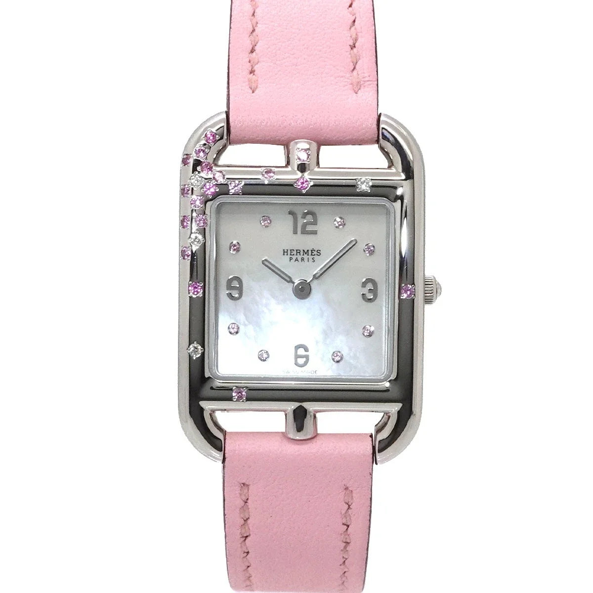 HERMES Cape Cod CC1 233 Diamond Pink Sapphire Quartz White Shell Dial 90336098