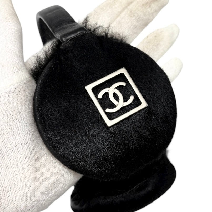 CHANEL Sport Vintage CC Mark Logo Earmuffs Black Silver Pony Calf Hair Leather