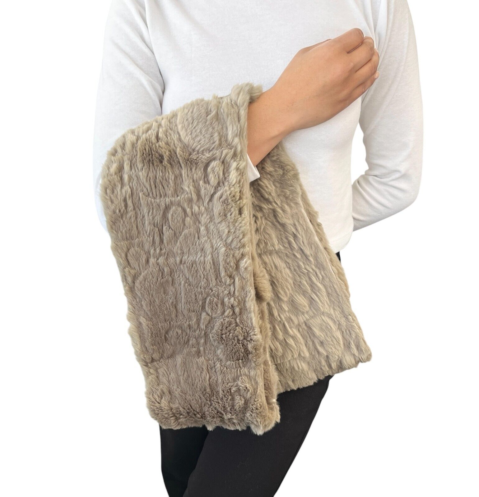 Christian Dior Vintage Trotter Monogram Logo Fur Scarves Shawls Olive Gray