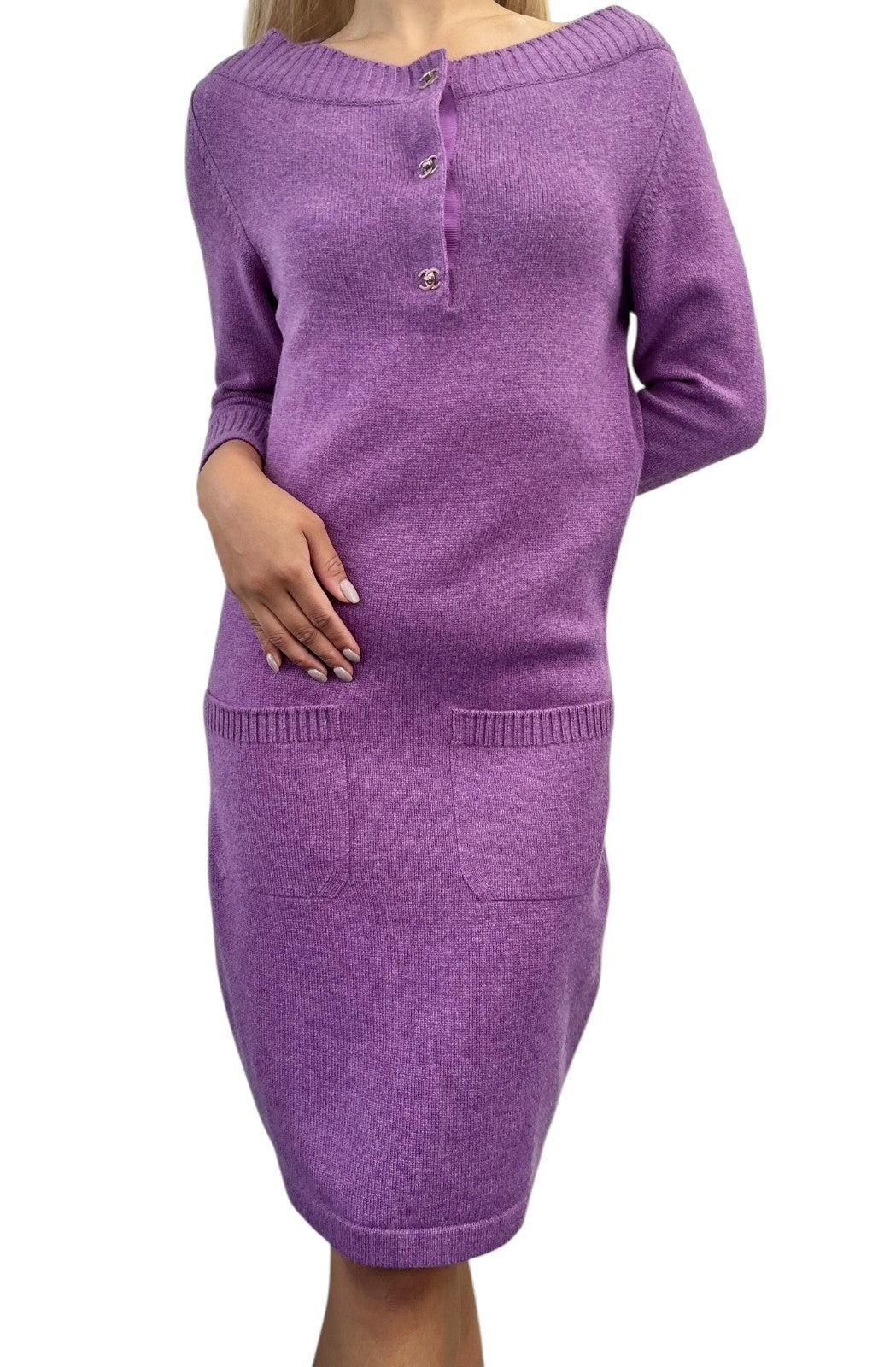 CHANEL Vintage P44445 CC Turnlock Logo Sweater Dress #34 Cashmere Purple Silver
