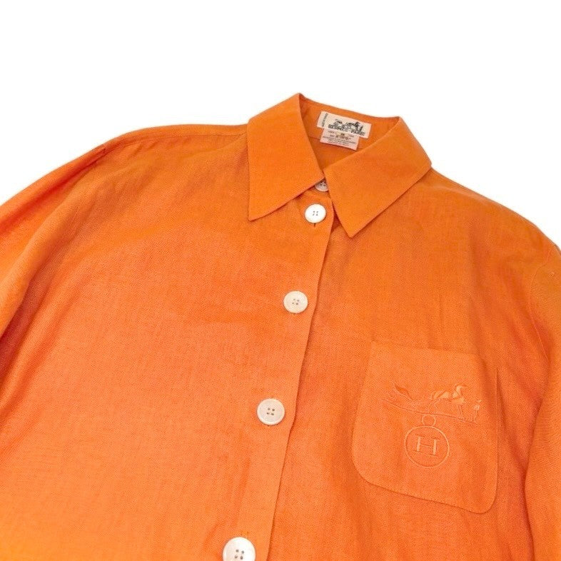 HERMES Vintage H Logo Horse Carriage Embroidery Shirt #36 Orange Linen Button