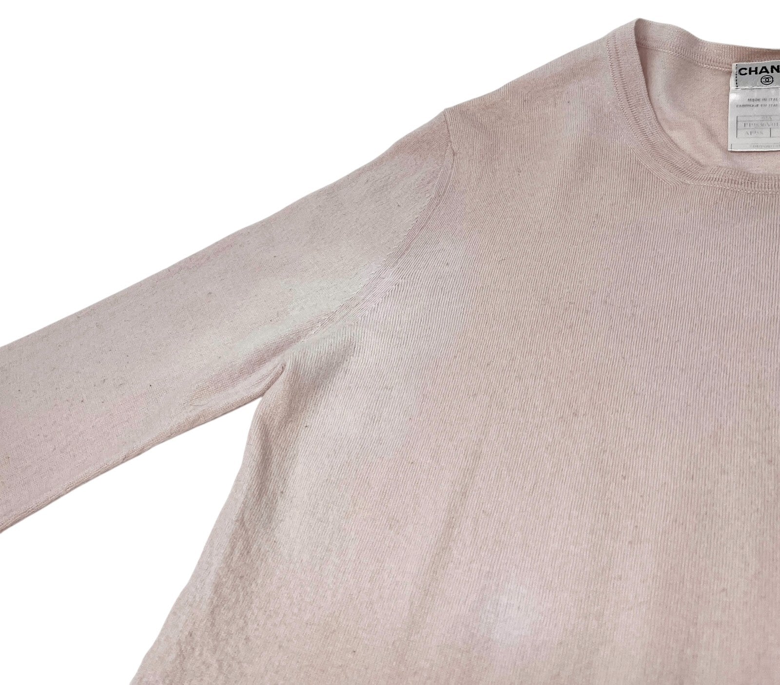 CHANEL Vintage 02A CC Logo Sweater Top #42 Knit Pullover Pink Black Wool RankB