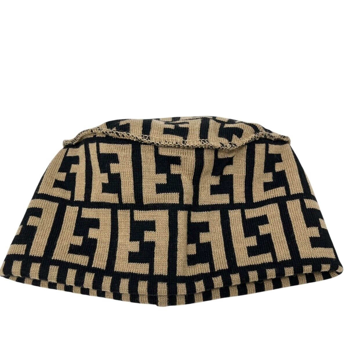 FENDI Vintage Zucca Monogram Knit Beanie #42 Cap Stripe Beige Black Wool