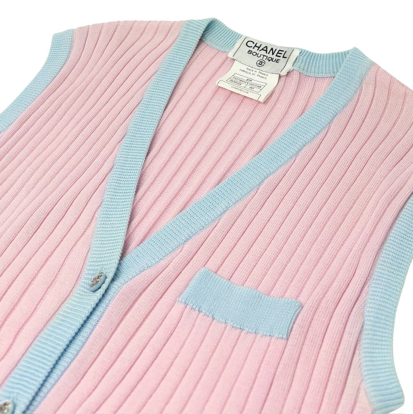 CHANEL Vintage 97P CC Logo Rib Knit Vest #40 Top Pink Blue Cotton