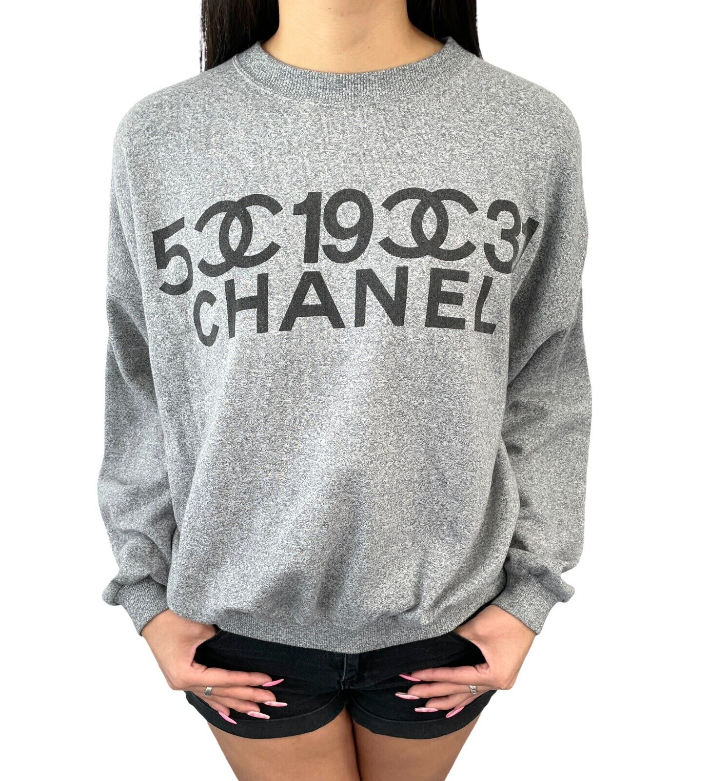 CHANEL Vintage 1990s CC Logo Sweatshirt Top Gray Black Long Sleeve