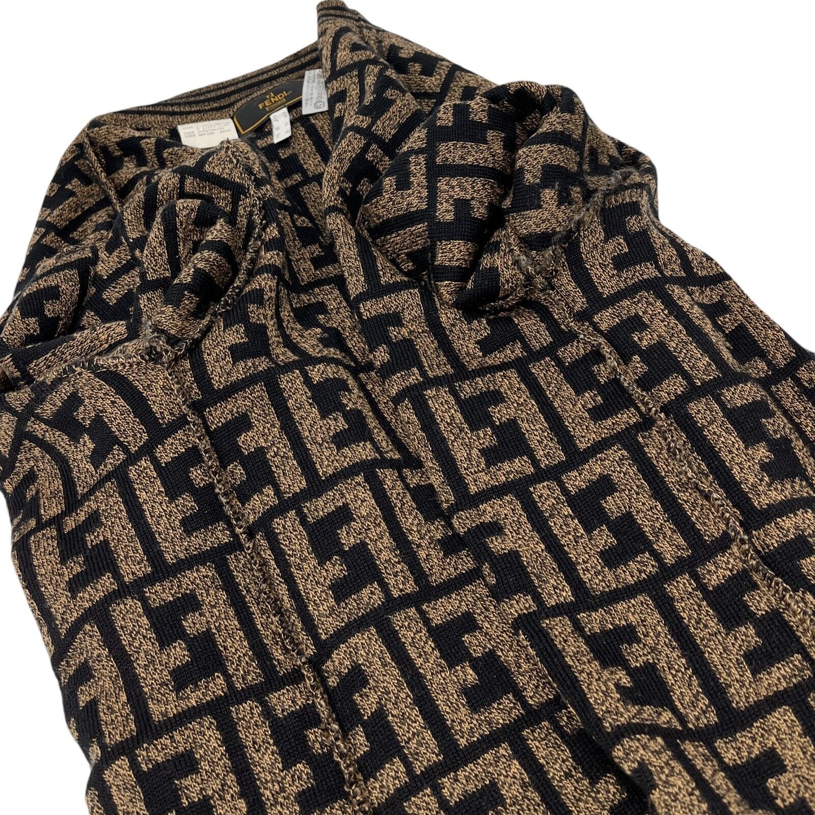 FENDI Vintage Zucca Monogram Logo Knit Sweater Top #38 Brown Black Wool Rank AB+