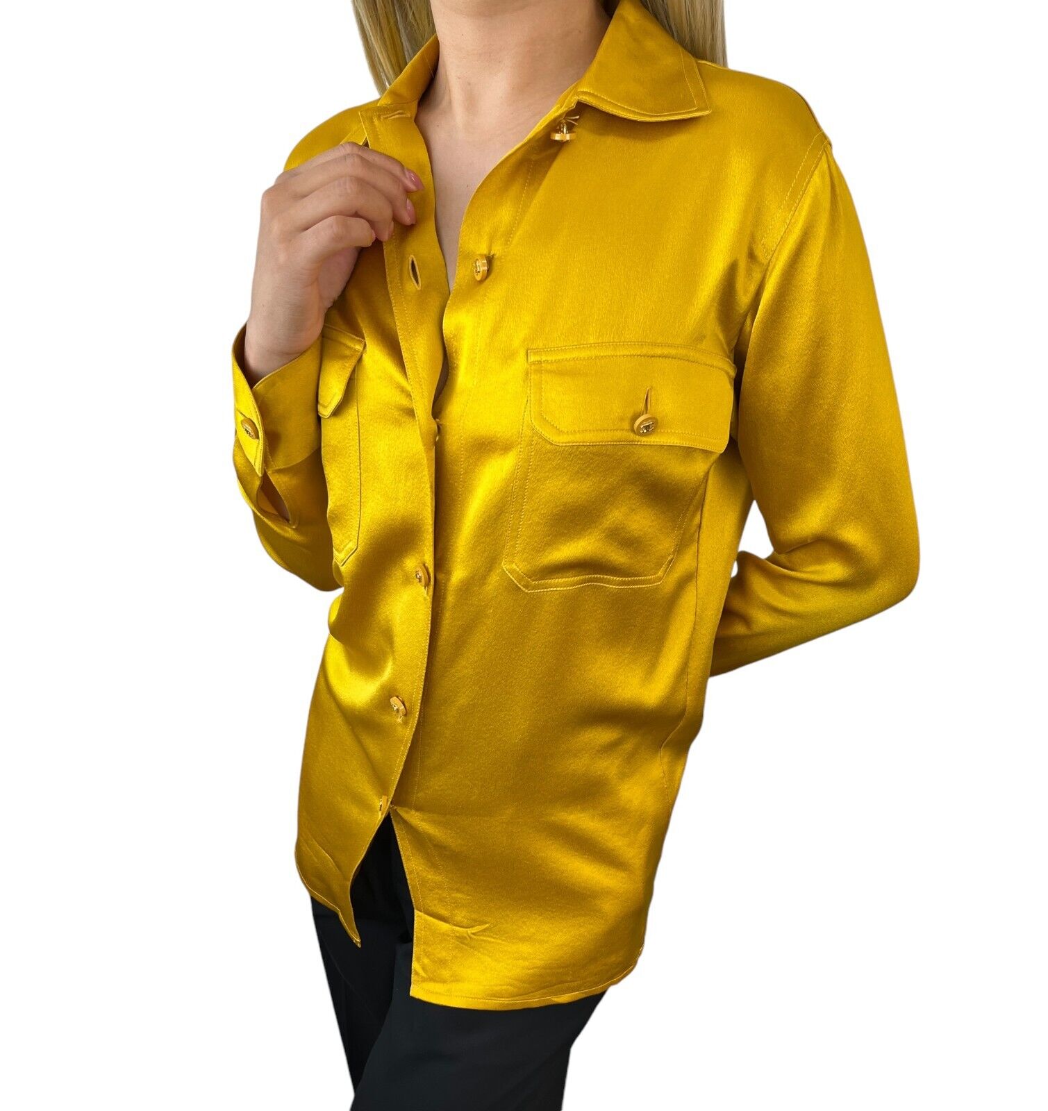 CHANEL Vintage CC Logo Shirt Top Button Up Pocket Yellow Gold Silk