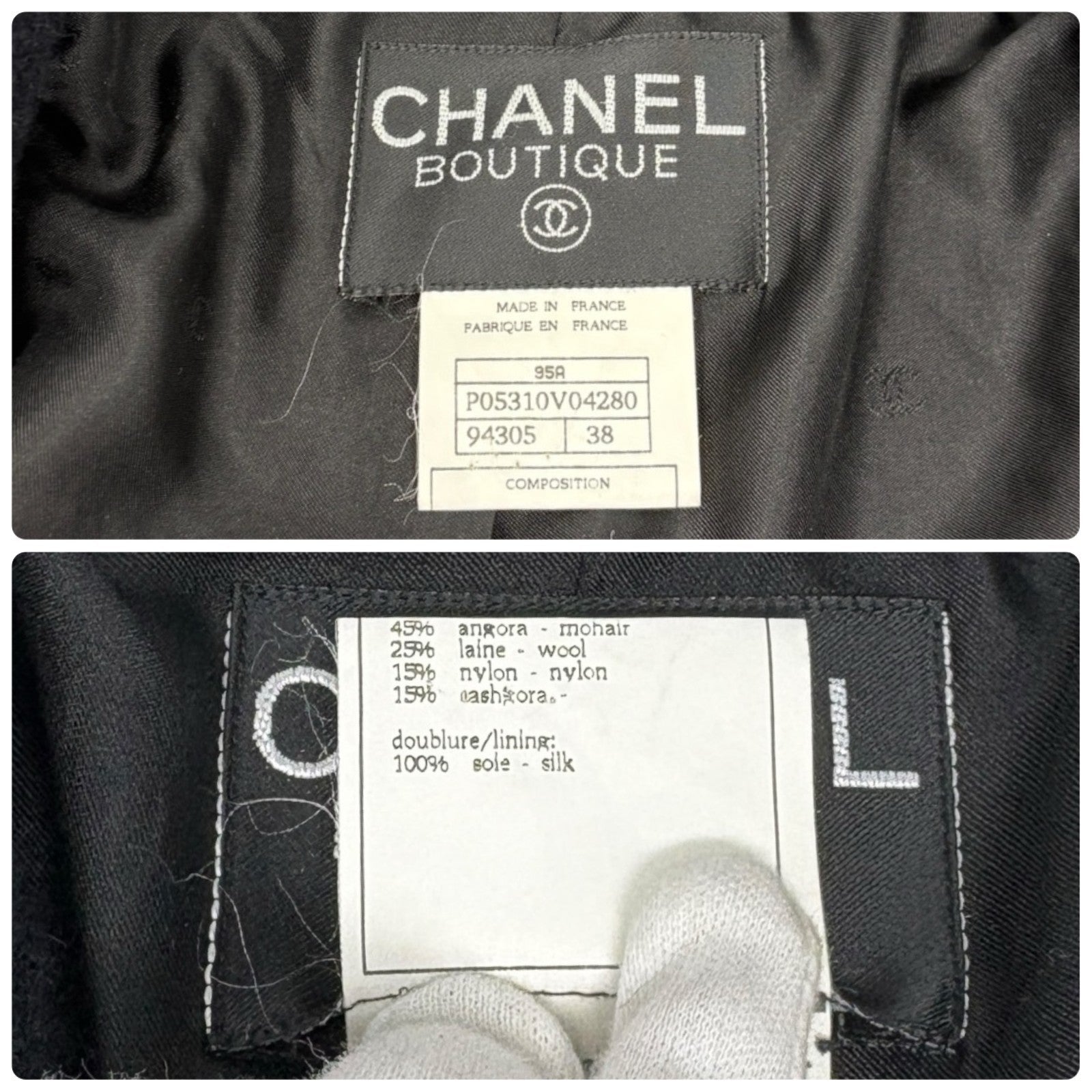 CHANEL Vintage 95A CC Mark Logo Jacket #38 Mohair Wool Black Gold Button