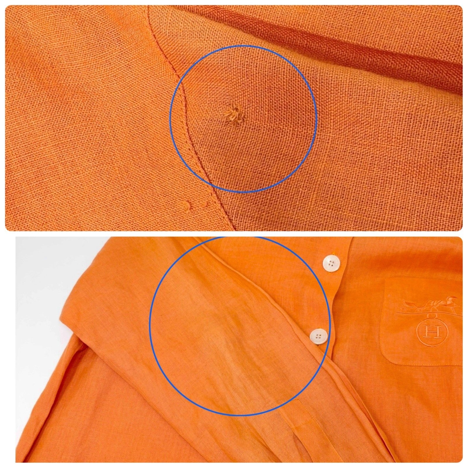 HERMES Vintage H Logo Horse Carriage Embroidery Shirt #36 Orange Linen Button