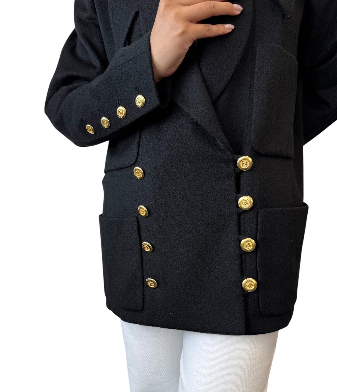 CHANEL Vintage CC Mark Logo Jacket #38 Button Pocket Black Gold Cashmere