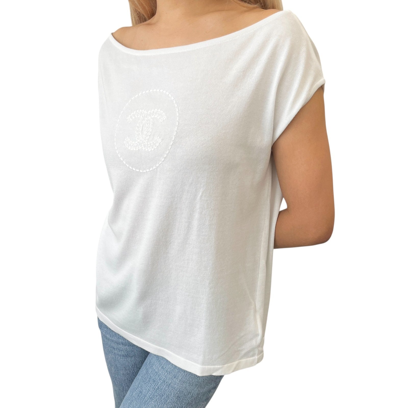 CHANEL Vintage 07P CC Logo Summer Knit Top Tank #38 Boat Neck White Sleeveless