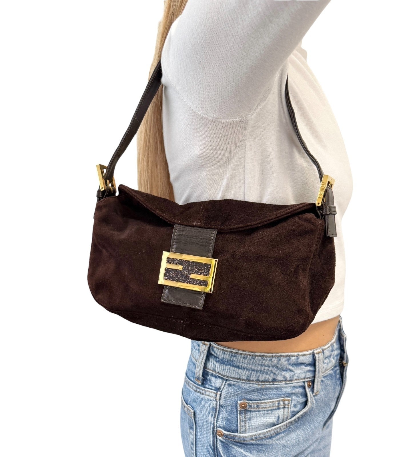 FENDI Vintage FF Logo Mamma Baguette Shoulder Bag Handbag Brown Gold Suede