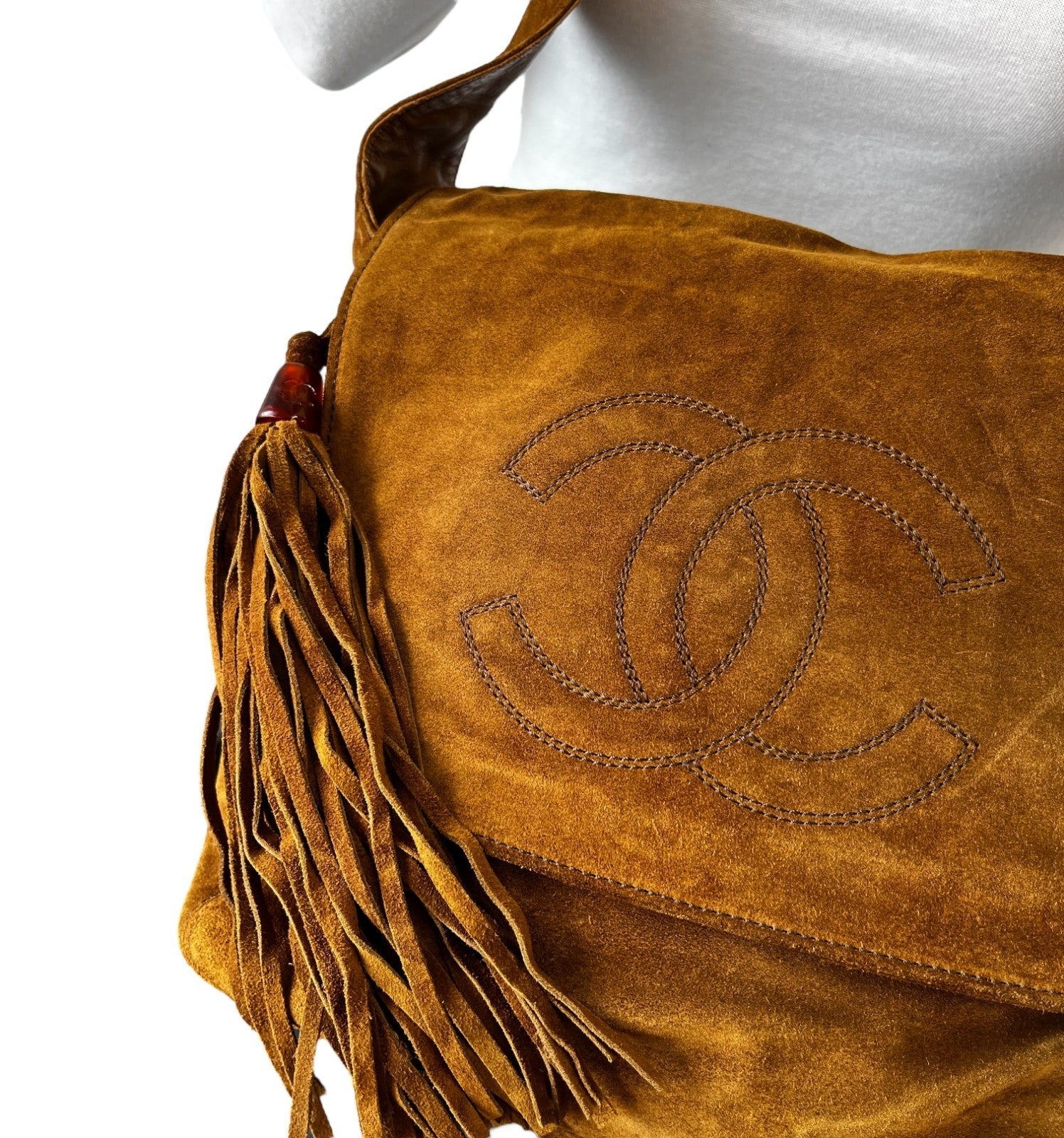 CHANEL Vintage CC Mark Logo Crossbody Shoulder Bag 2way Bag Fringe Brown Suede