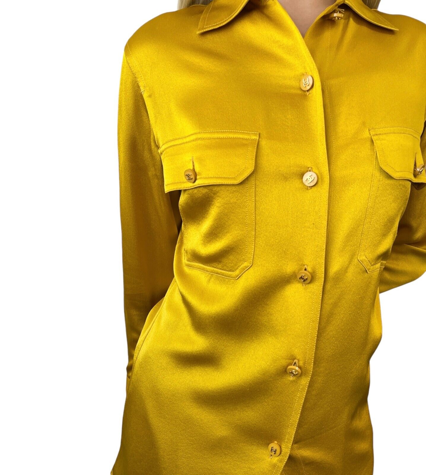 CHANEL Vintage CC Logo Shirt Top Button Up Pocket Yellow Gold Silk