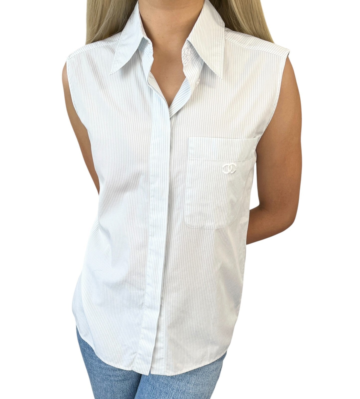 CHANEL Vintage 99P CC Logo Sleeveless Striped Shirt Blouse #36 Top Blue Cotton