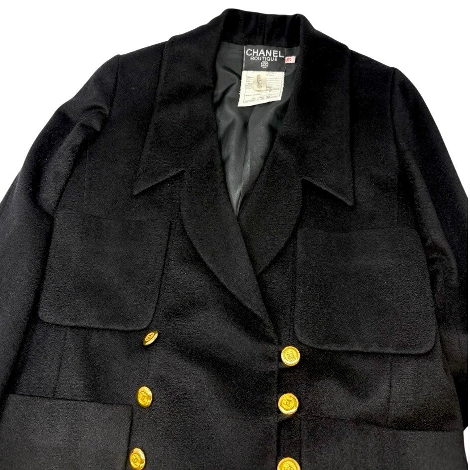 CHANEL Vintage CC Mark Logo Jacket #38 Button Pocket Black Gold Cashmere
