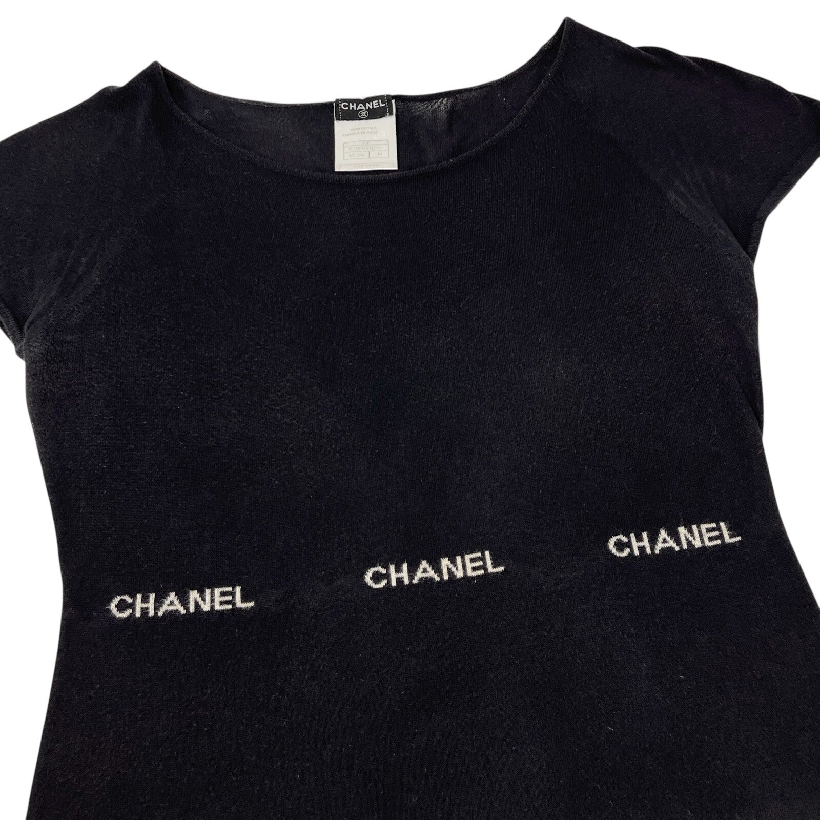 CHANEL Vintage 04P Logo Knit T-shirt Top #40 Round Neck Black White Cotton