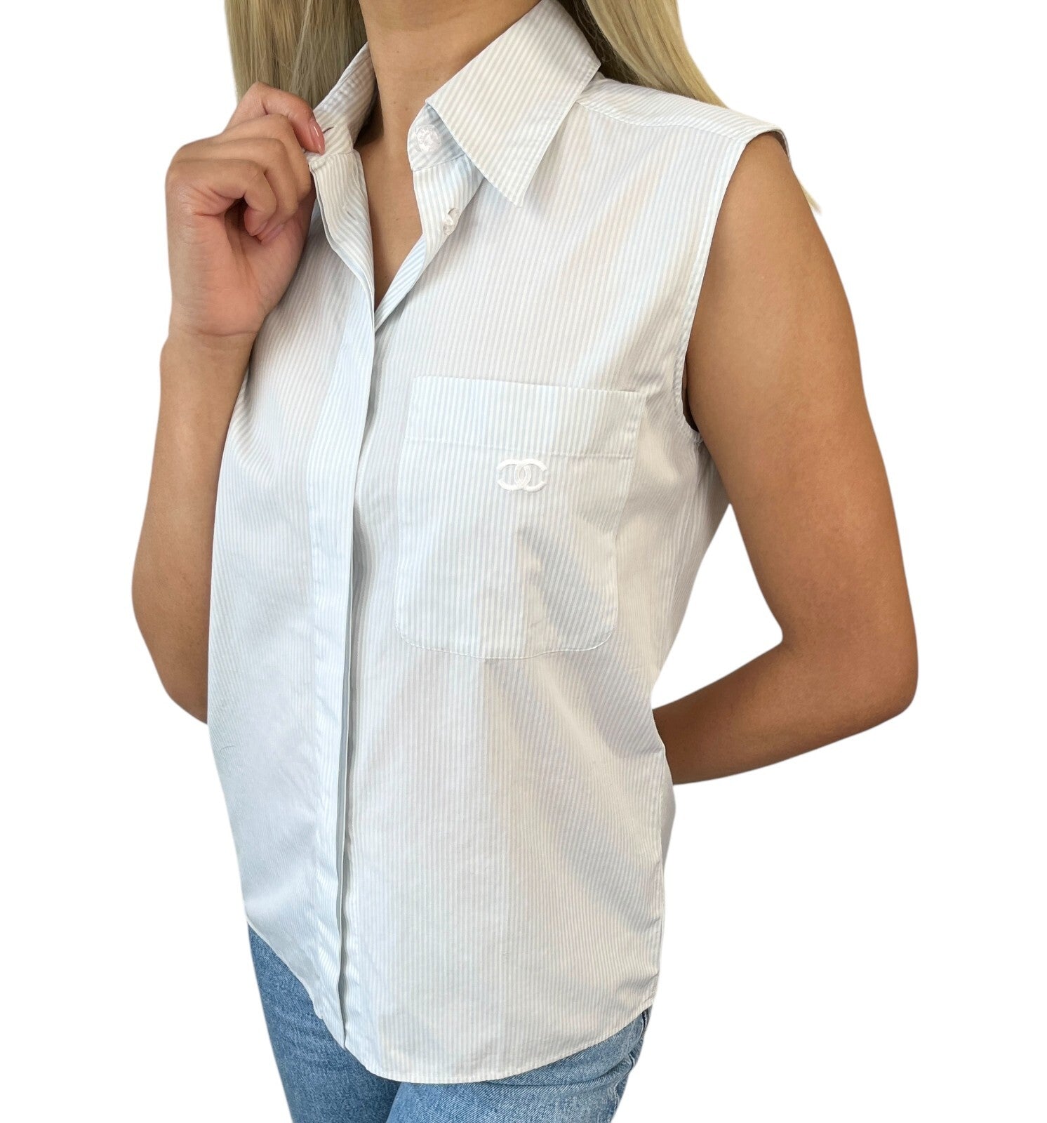 CHANEL Vintage 99P CC Logo Sleeveless Striped Shirt Blouse #36 Top Blue Cotton